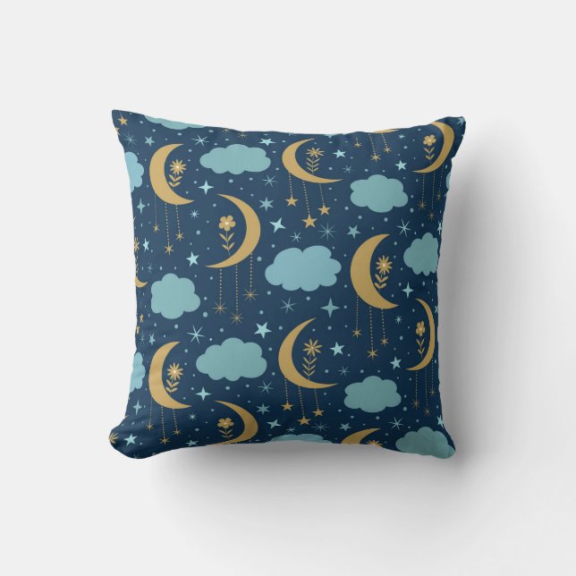 Golden Boho Moon With Clouds Celestial Cushion (Front)