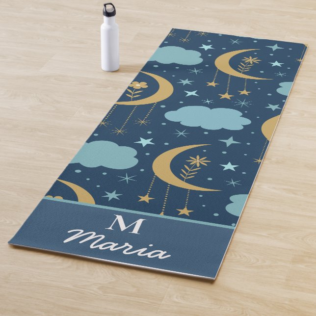 Golden Boho Moon With Clouds Monogrammed  Yoga Mat (In Situ)