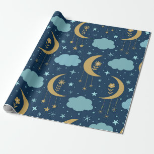 Golden Boho Moon With Flowers Clouds  Wrapping Paper