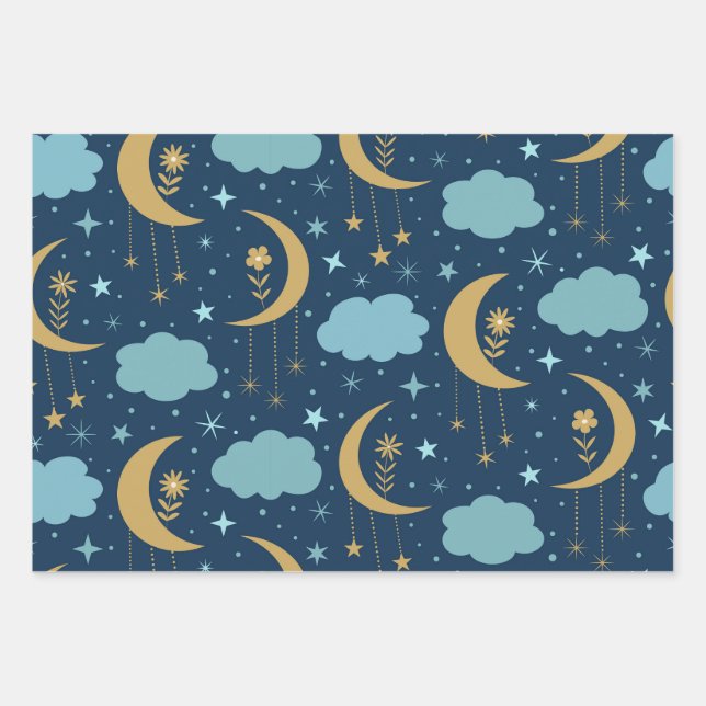 Golden Boho Moon With Flowers Clouds  Wrapping Paper Sheet (Front)