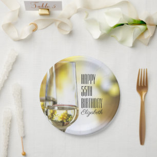 Golden Bokeh Elegant 55th Birthday Wine Glass Paper Plate
