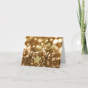 Golden Bokeh Faux Glitter & Stars Holiday Card