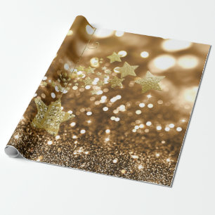 Golden Bokeh Faux Glitter & Stars Wrapping Paper