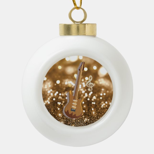 Golden Bokeh Guitar Ceramic Ball Christmas Ornament (Front)