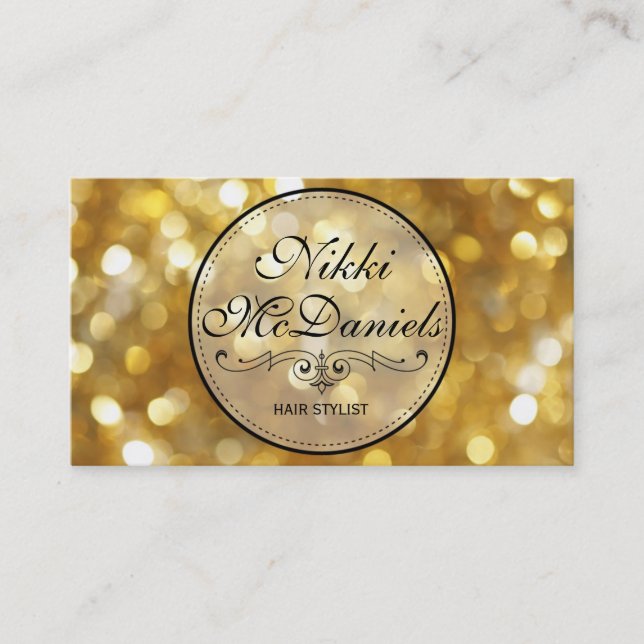 Golden Bokeh Hairstylist Business Card Templates (Front)
