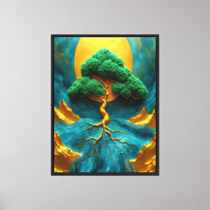 Golden Bonsai Moonlight – Teal Waterfall Zen Wall Canvas Print