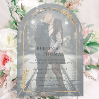 Golden Botanical Arch Faux Vellum Photo Wedding Invitation