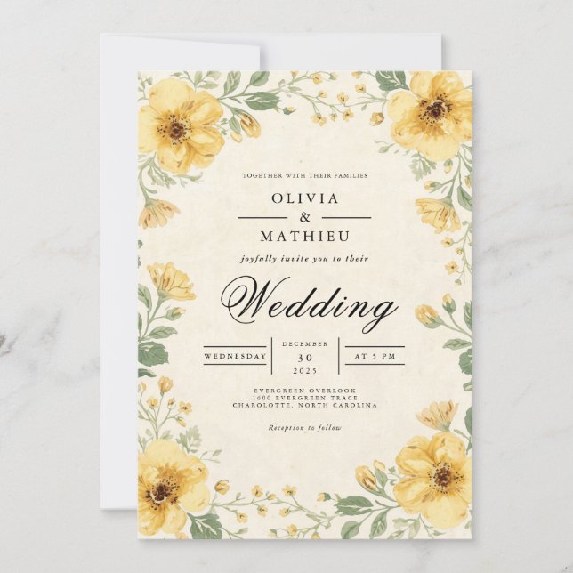 Golden Botanical Arch Romance Wedding Invitation (Front)