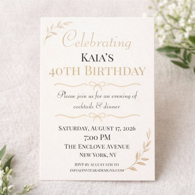 Golden Botanical Celebration Invitation (Gold botanical birthday design with cream background for cocktail dinner celebration)