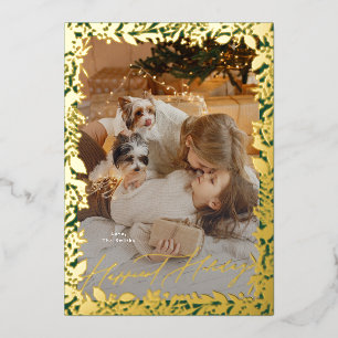 golden botanical christmas photo frame gold foil holiday card