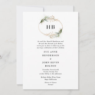 Golden Botanical Eucalyptus Wreath Monogram Green Invitation