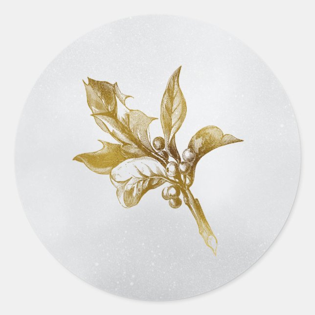 Golden Botanical Holiday Holly Classic Round Sticker (Front)