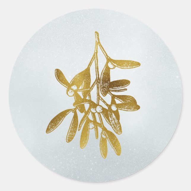 Golden Botanical Holiday Mistletoe Classic Round Sticker (Front)