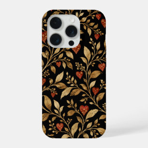 Golden Botanical Vines and Red Hearts on Black iPhone 15 Pro Case