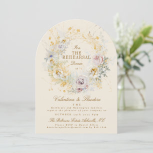 golden botanical wreath romantic rehearsal dinner invitation