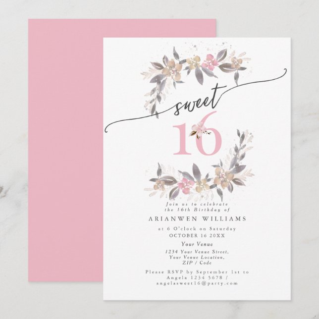 Golden bouquet Fall rose pink Sweet 16 Invitation (Front/Back)