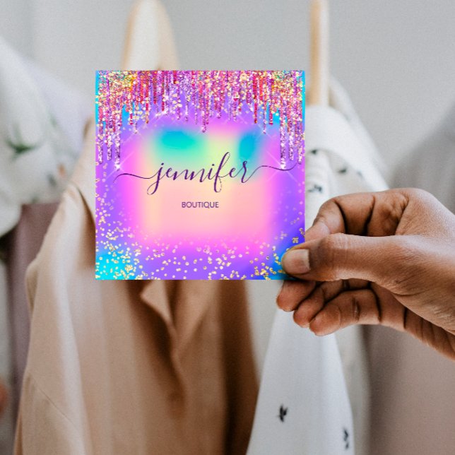 Golden Boutique Shop Glitter Drips Holograph Square Business Card (Golden Boutique Shop Glitter Drips Holograph Square Business Card)