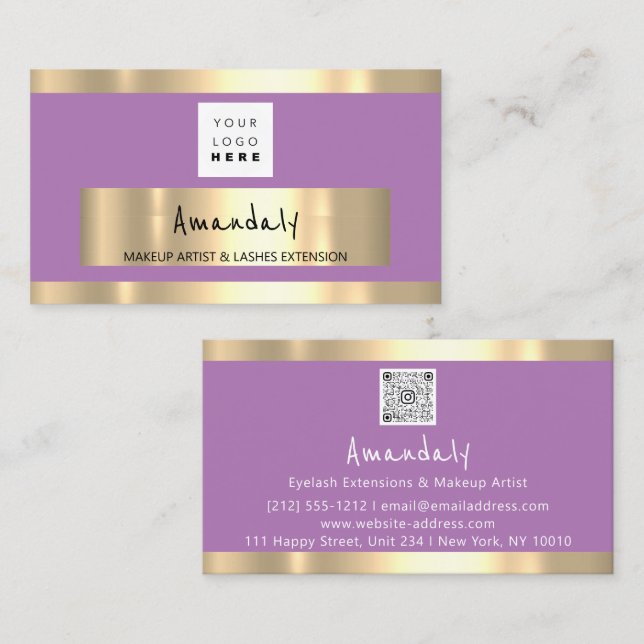 Golden Boutique Shop QR CODE Logo Purple Business Card (Front/Back)
