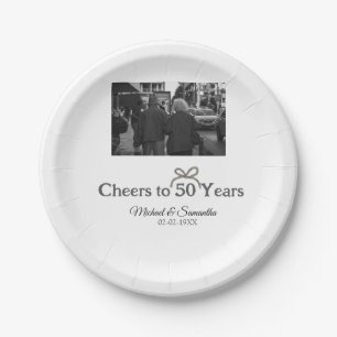 Golden bow cheers to 50 years anniversary wedding paper plate