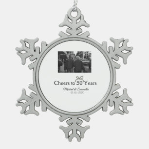 Golden bow cheers to 50 years anniversary wedding snowflake pewter christmas ornament