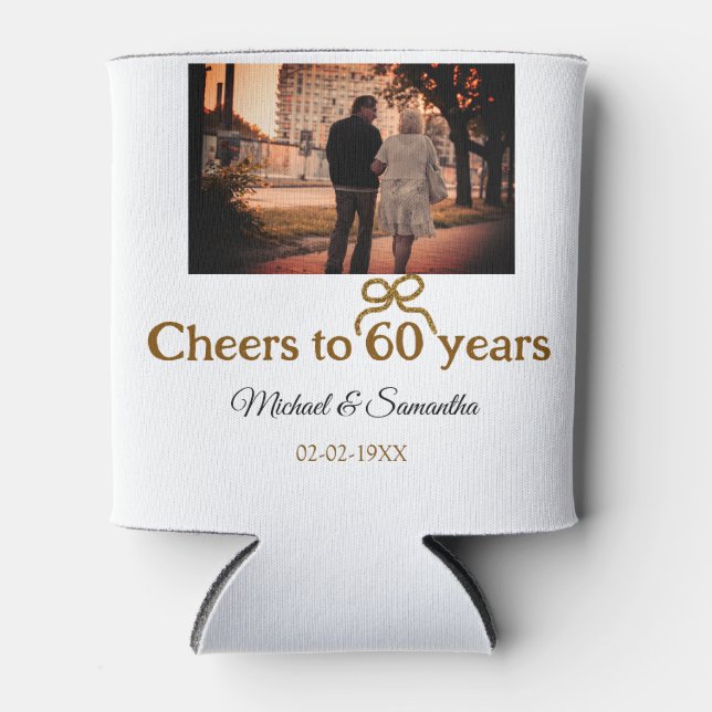 Golden bow cheers to 60 years anniversary wedding  can cooler (Front)