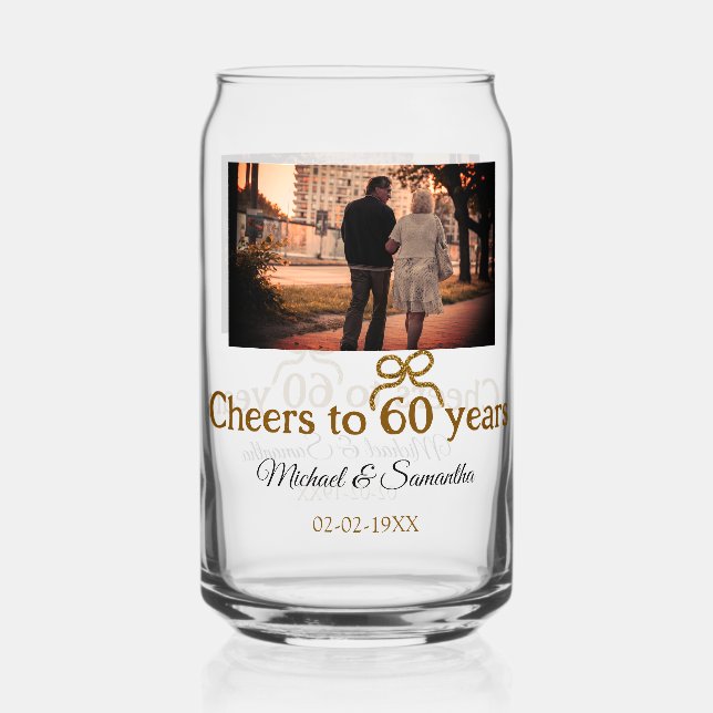 Golden bow cheers to 60 years anniversary wedding  can glass (Front)