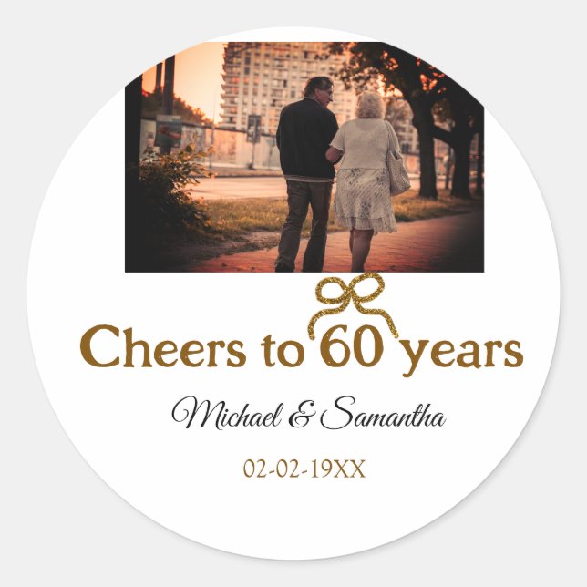 Golden bow cheers to 60 years anniversary wedding  classic round sticker (Front)