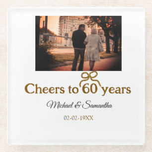 Golden bow cheers to 60 years anniversary wedding glass coaster