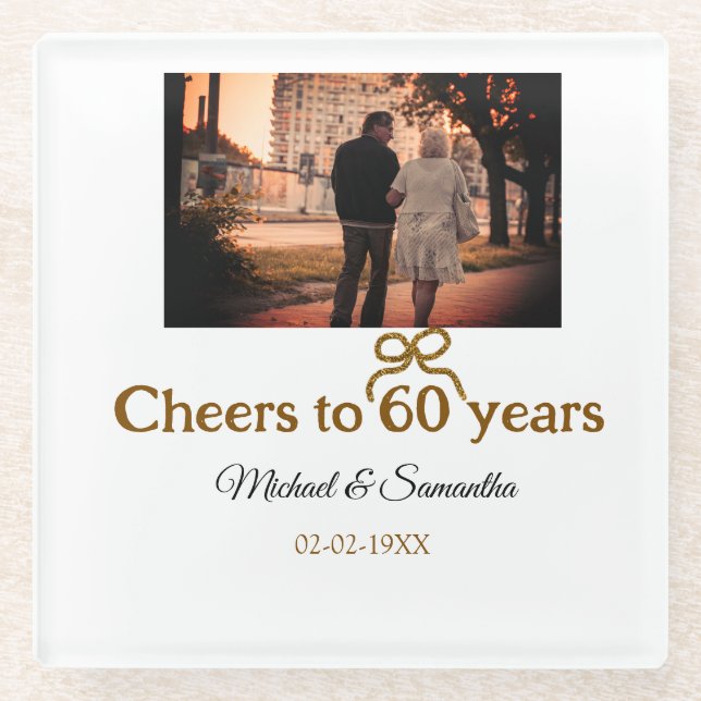 Golden bow cheers to 60 years anniversary wedding  glass coaster (Front)