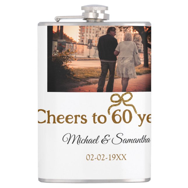Golden bow cheers to 60 years anniversary wedding  hip flask (Front)