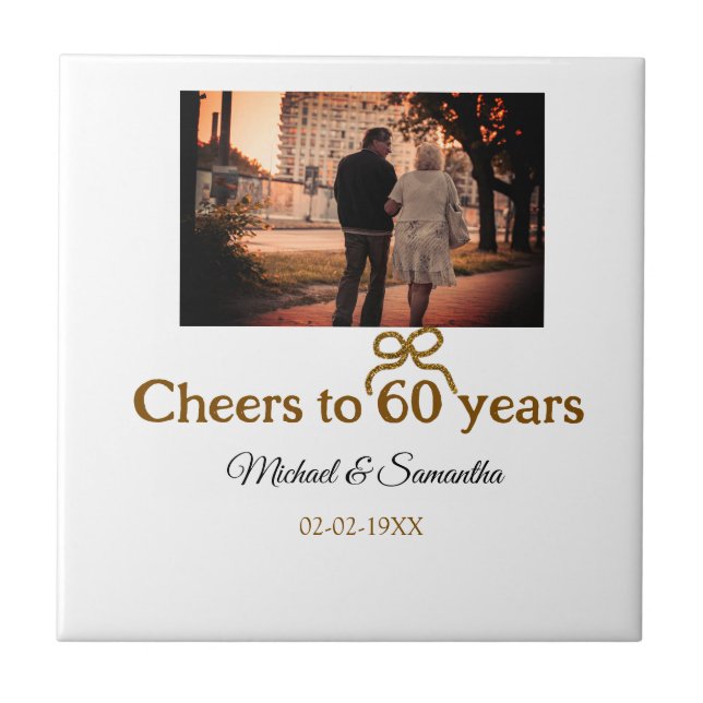 Golden bow cheers to 60 years anniversary wedding  tile (Front)