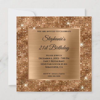 Golden Bronze Diamond Studded Foil 21st Birthday Invitation