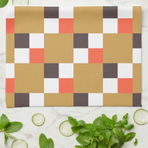 Golden Brown and Coral Chequered Pattern Tea Towel