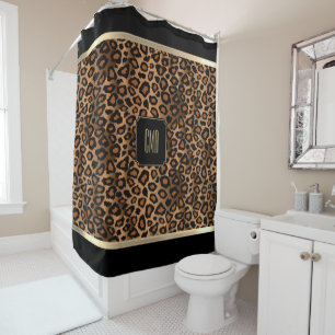Golden Brown & Black Leopard Pattern - Monogram Shower Curtain
