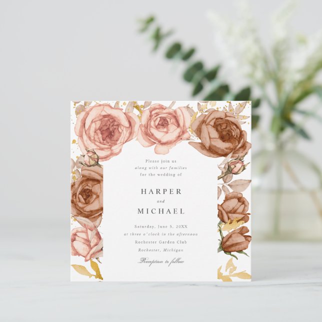golden brown blush pink roses wedding invitation (Standing Front)
