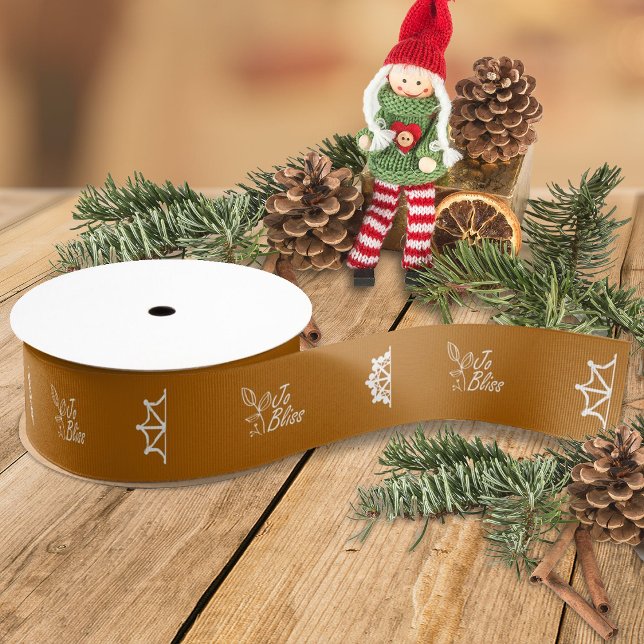 Golden Brown Business Logo Snowflakes Promotional Grosgrain Ribbon (terracotta ribbon with white business logo, brown beige company holiday christmas gift ribbon)