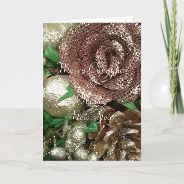 Golden Brown Christmas Wreath, greeting card (Front)