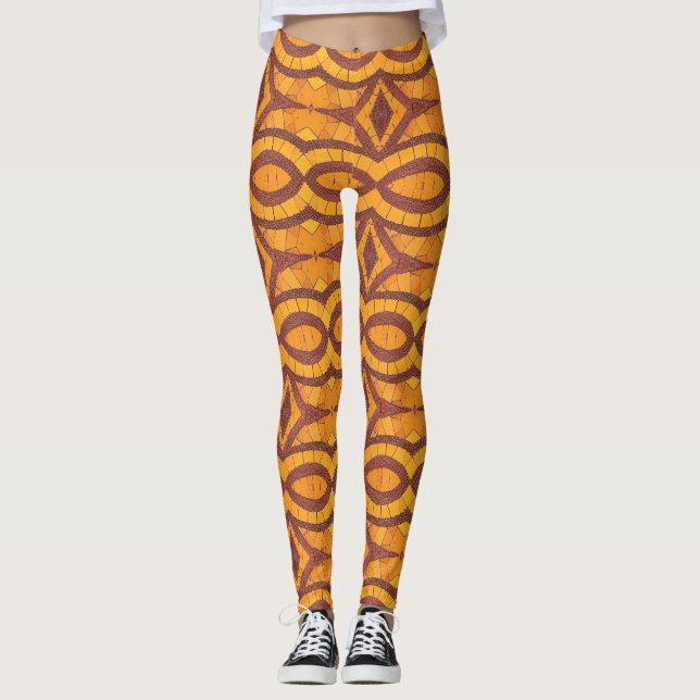 Golden brown curved geometric design kitty voices leggings (Front)