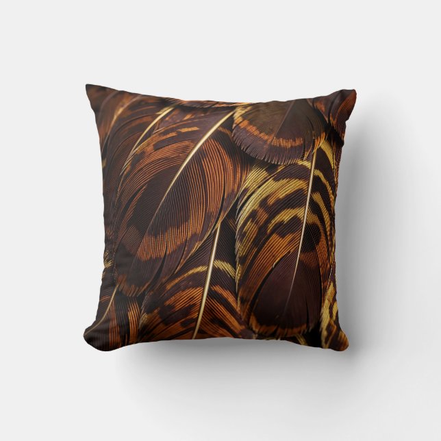 Golden Brown Feather Macro Pattern Closeup Cushion (Front)
