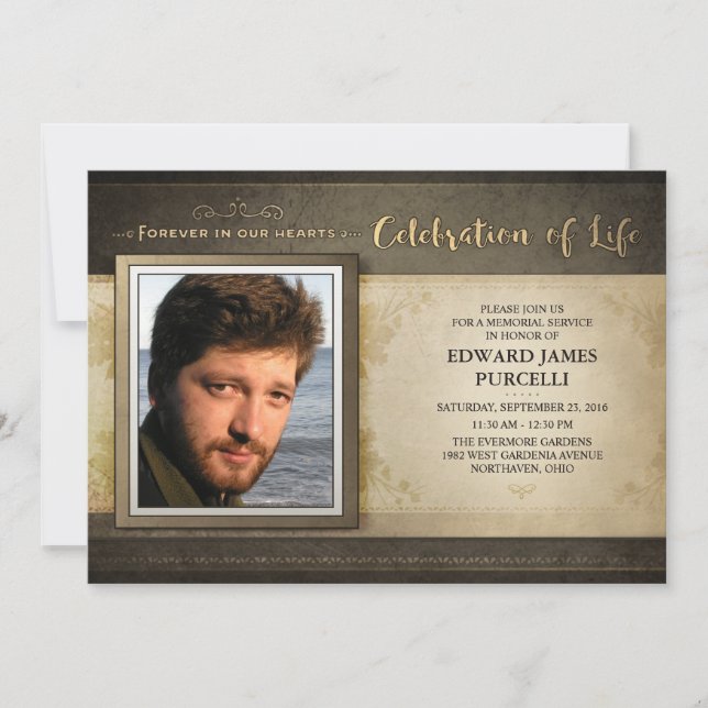 Golden Brown Photo Memorial Service Invitation (Front)