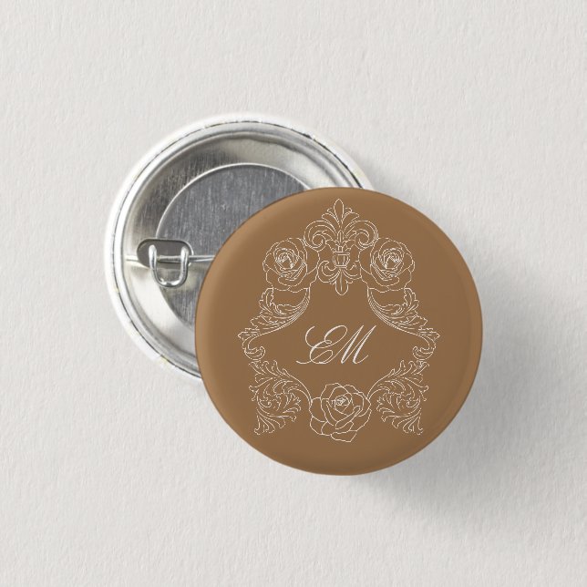 Golden Brown Rococo Crest Monogram 3 Cm Round Badge (Front & Back)