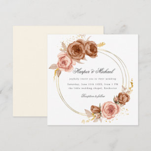 golden brown roses wreath wedding invitation