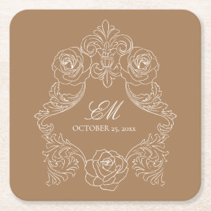 Golden Brown Vintage Monogram Crest Wedding Logo Square Paper Coaster
