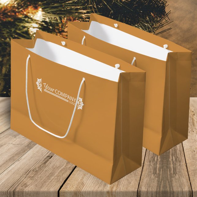 Golden Brown White Business Logo, Snowflakes Promo Large Gift Bag (orange spice holiday Christmas gift bag with white logo and snowflakes, promo logo'd company gifts)