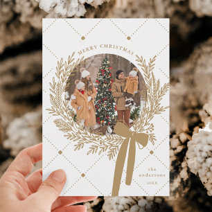 Golden Brown & White Christmas Wreath Photo  Holiday Card
