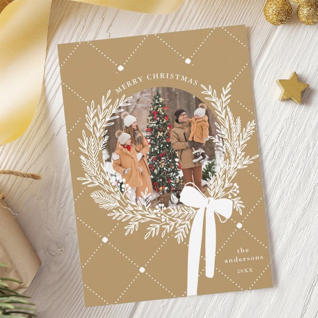Golden Brown & White Christmas Wreath Photo  Holiday Card (Creator Uploaded)