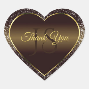 Golden Brown with Glitter Initials Cute Thank You Heart Sticker