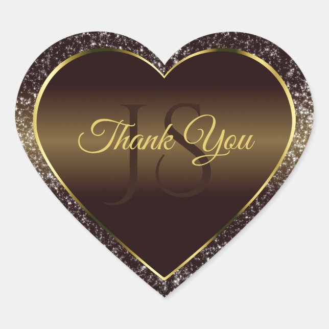 Golden Brown with Glitter Initials Cute Thank You Heart Sticker (Front)