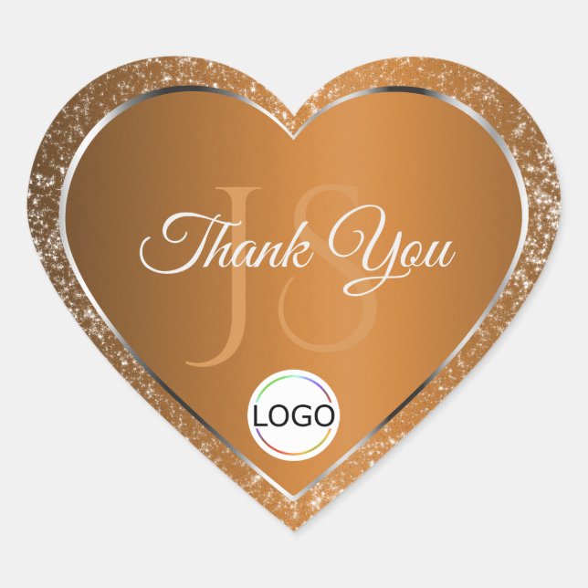 Golden Brown with Logo Initials Glitter Thank You Heart Sticker (Front)
