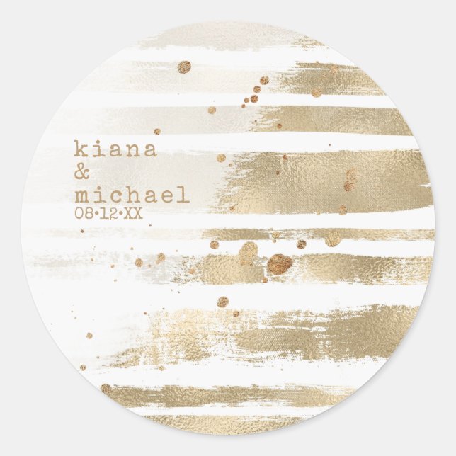 Golden Brush Stroke Stripes Wedding ID655 Classic Round Sticker (Front)